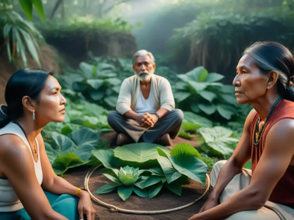 Grupo de activistas indígenas en intensa conversación ambiental en la naturaleza