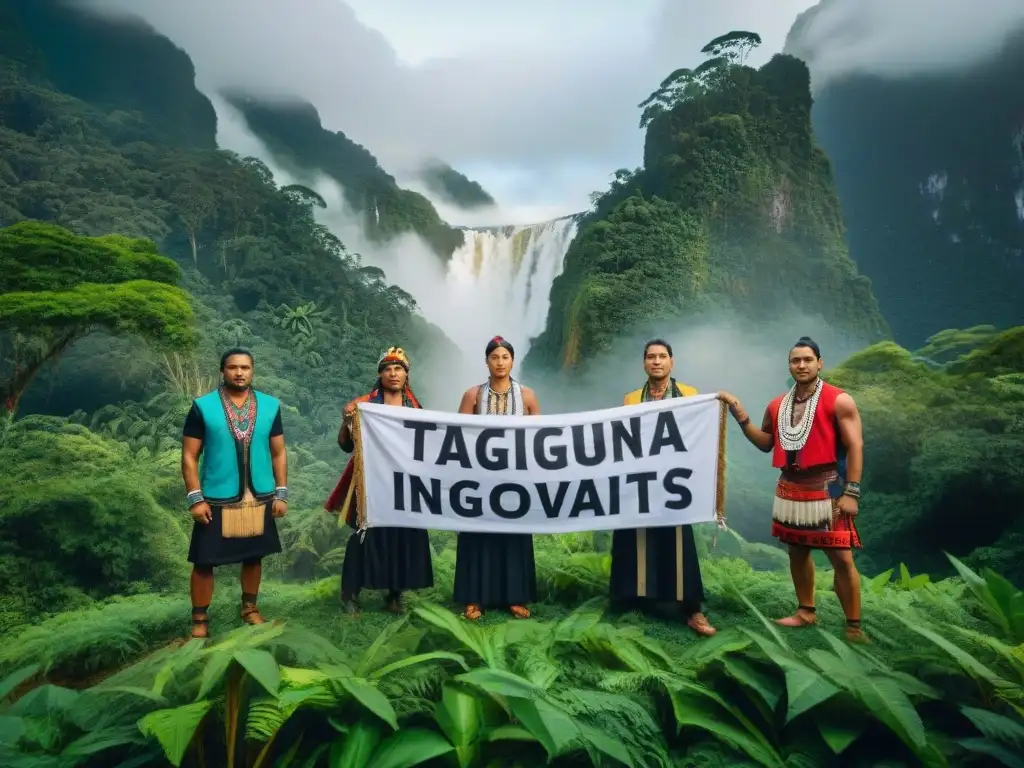 Grupo de activistas indígenas con mensajes ambientales en arte indígena y activismo ambiental