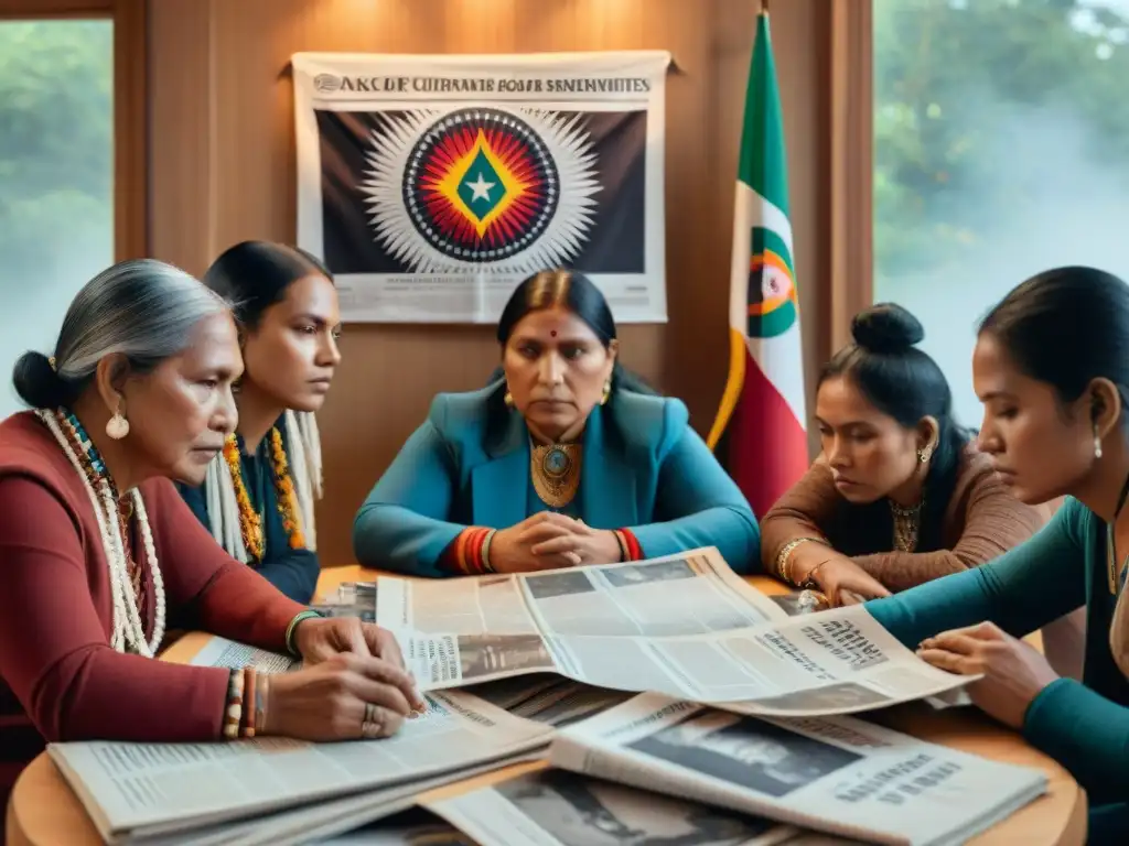 Grupo de activistas indígenas reunidos alrededor de una mesa con publicaciones indígenas, reflejando determinación y pasión en luchas contemporáneas