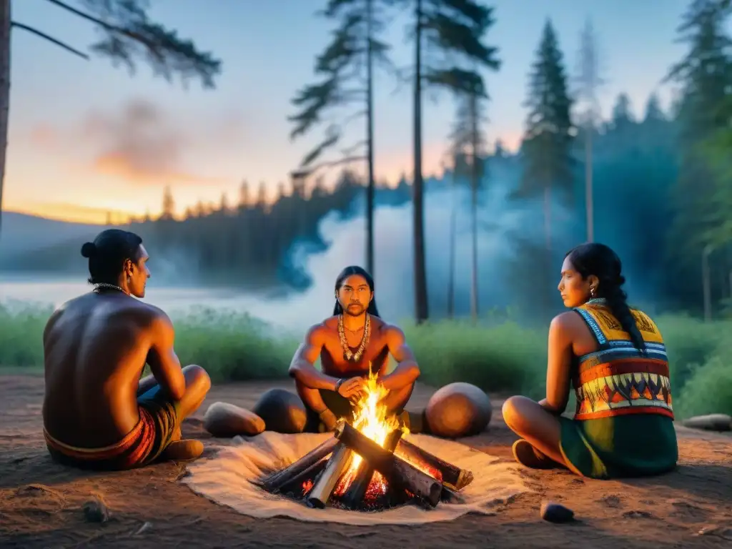 Grupo de activistas indígenas reunidos alrededor de una fogata en el bosque