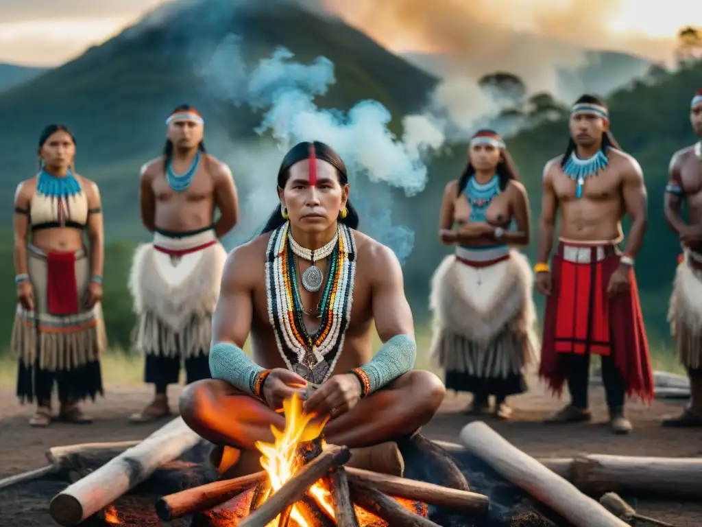 Grupo de activistas indígenas reunidos alrededor de un fuego sagrado en un bosque, expresando historias de lucha indígena contemporánea