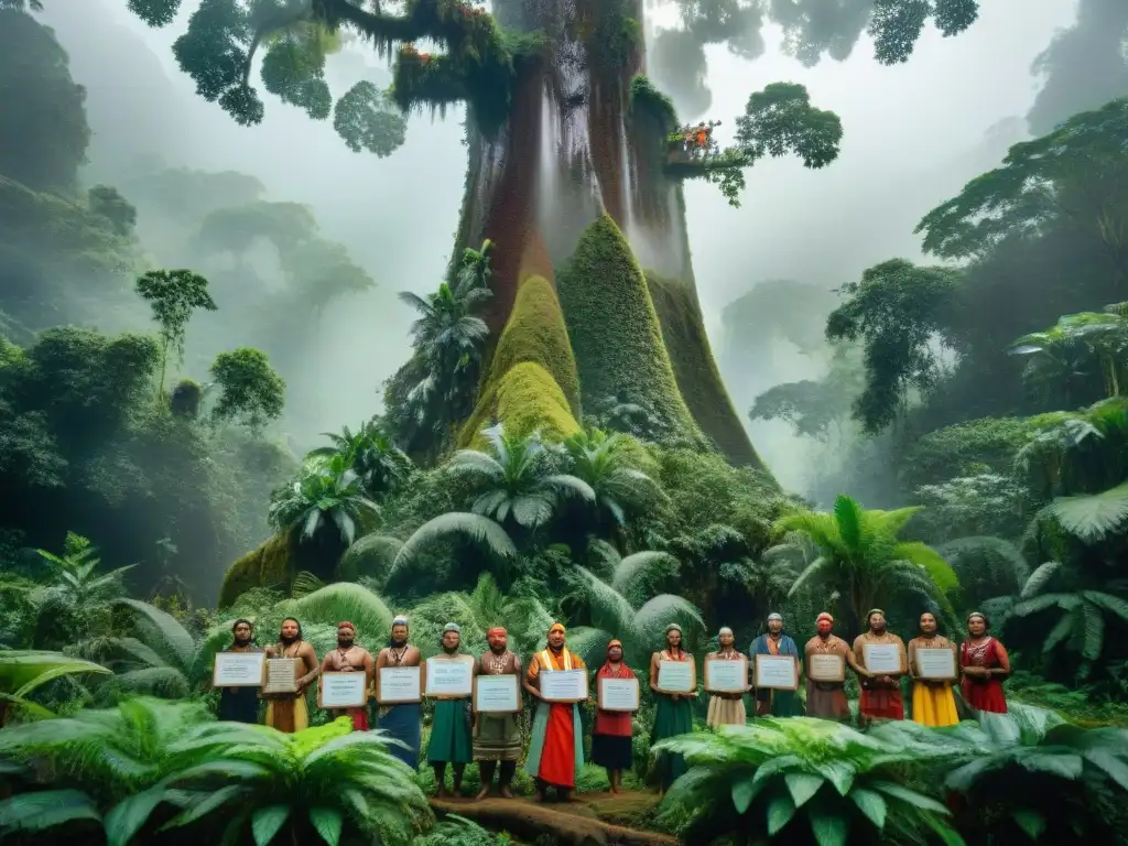 Un grupo de activistas indígenas protesta pacíficamente en la selva por el activismo ambiental comunidades indígenas