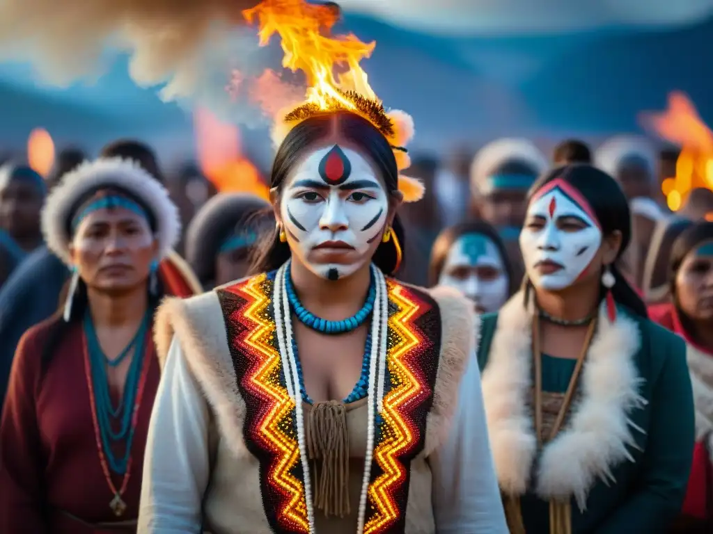 Grupo de activistas indígenas unidos cantando alrededor de la fogata, con atuendos tradicionales vibrantes