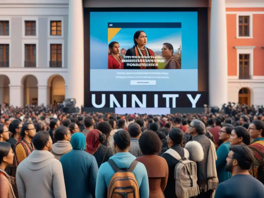 Un grupo de activistas indígenas unidos alrededor de una pantalla digital, mostrando datos sobre sus esfuerzos de defensa, en una plaza urbana