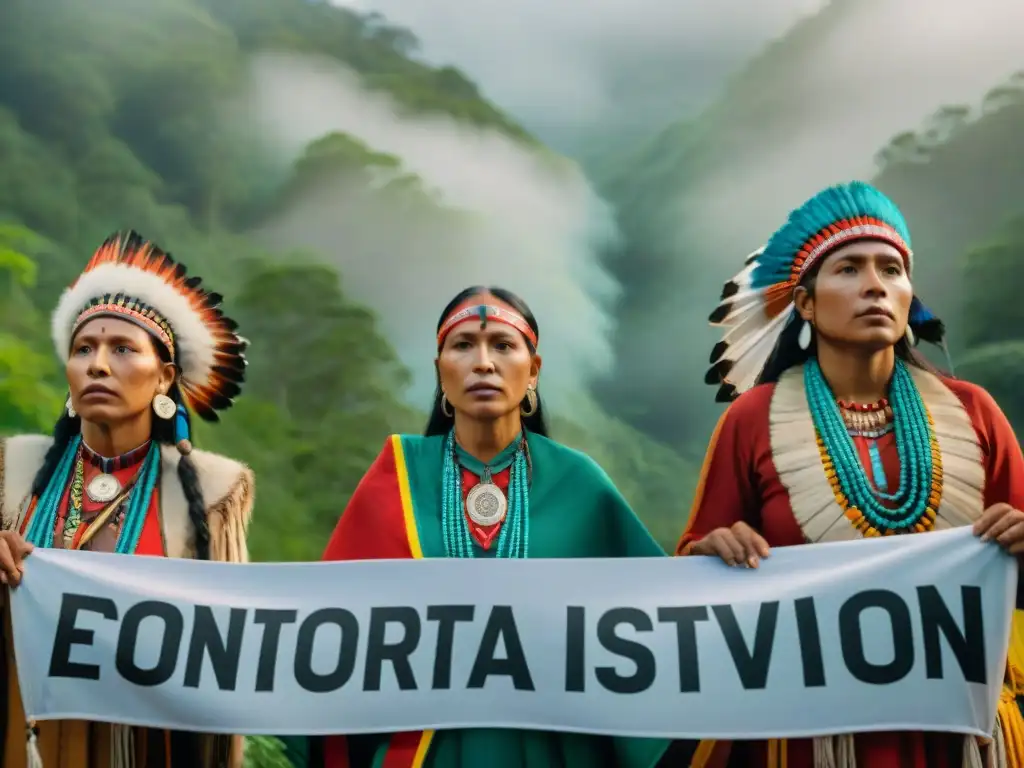 Grupo de activistas indígenas unidos en defensa ambiental, con mensajes poderosos en la selva