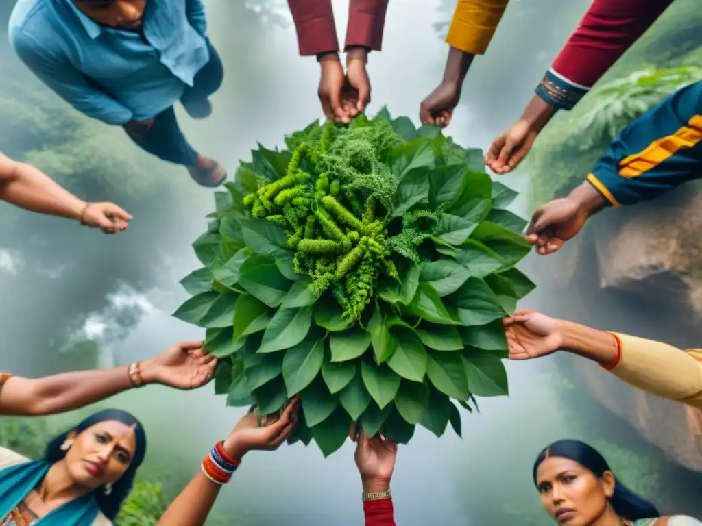 Un grupo de activistas indígenas unidos en círculo, vistiendo atuendos tradicionales y miradas determinadas