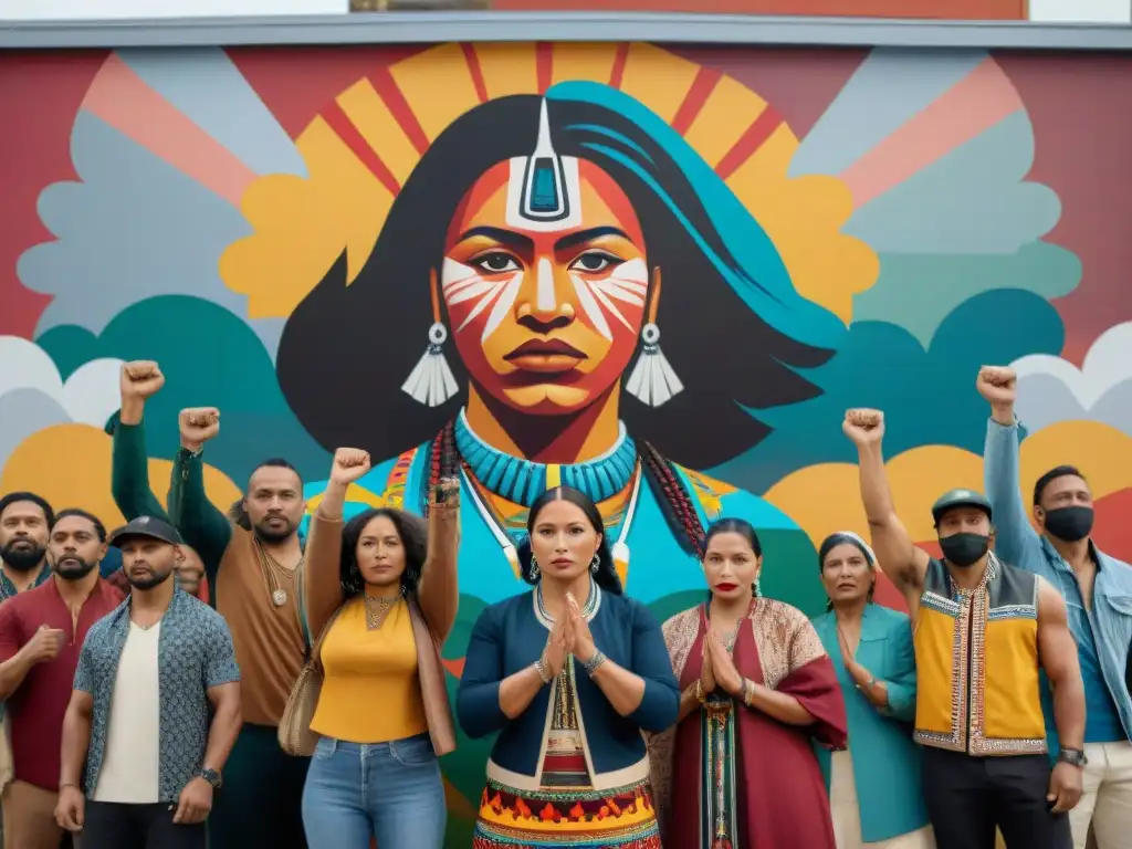 Grupo de activistas indígenas unidos frente a mural vibrante, fusionando tradición y modernidad