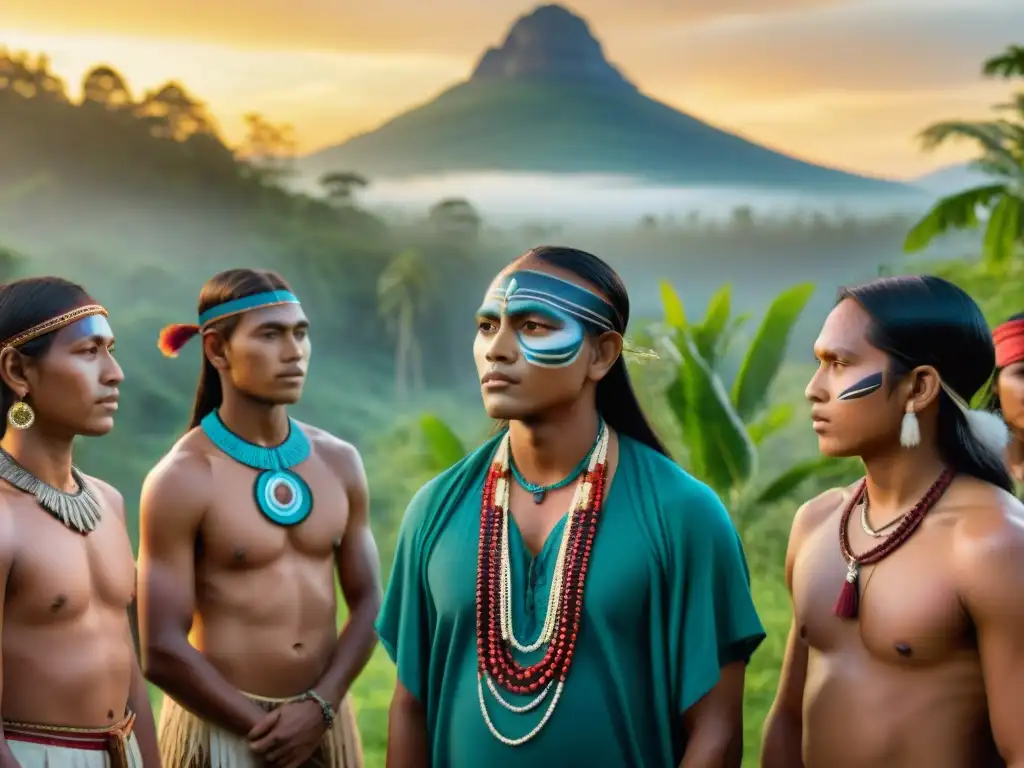 Grupo de adolescentes indígenas en ritual de pasaje al atardecer en la selva