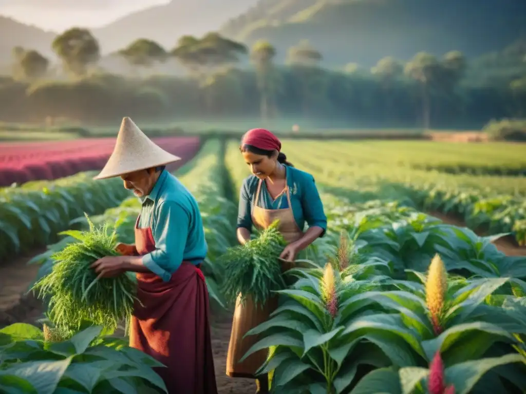 Grupo de agricultores indígenas cosechando amaranto en campo soleado, resaltando la conexión con los beneficios del amaranto en nutrición