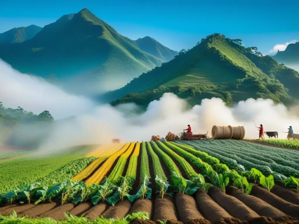 Grupo de agricultores indígenas cultivando en armonía con la naturaleza