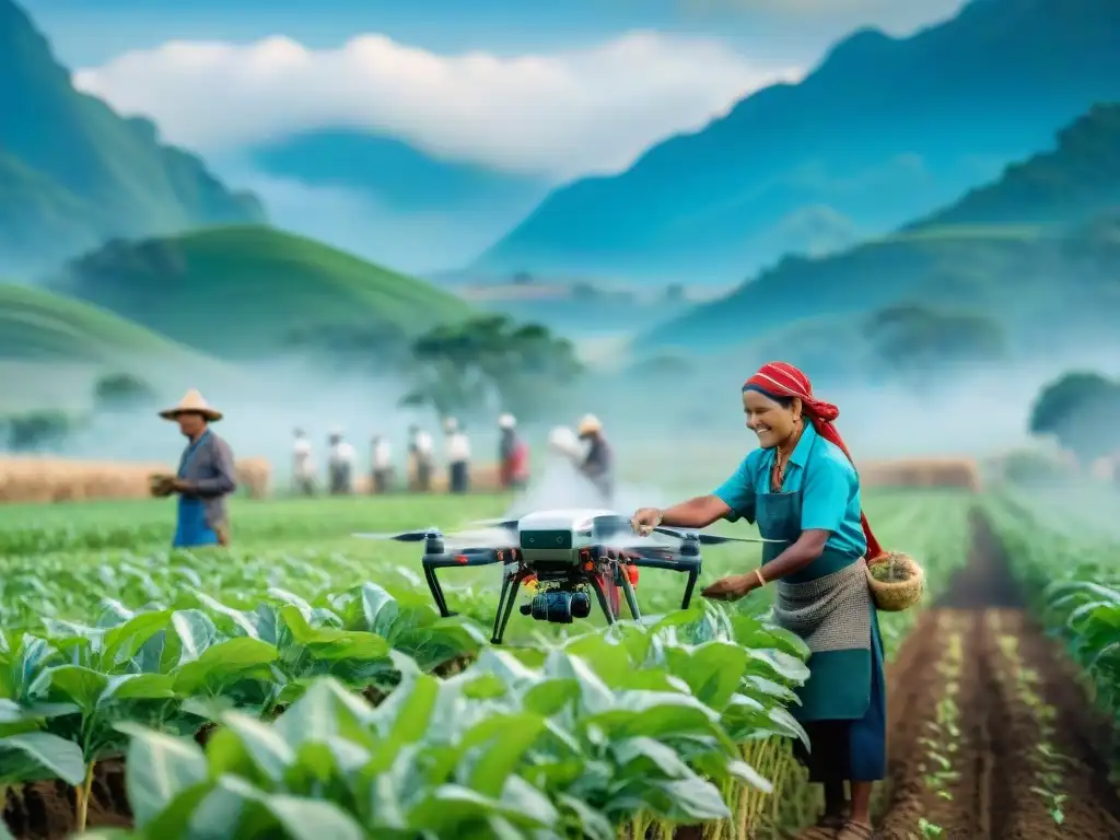 Un grupo de agricultores indígenas trabaja en armonía con asistentes tecnológicos en un campo verde