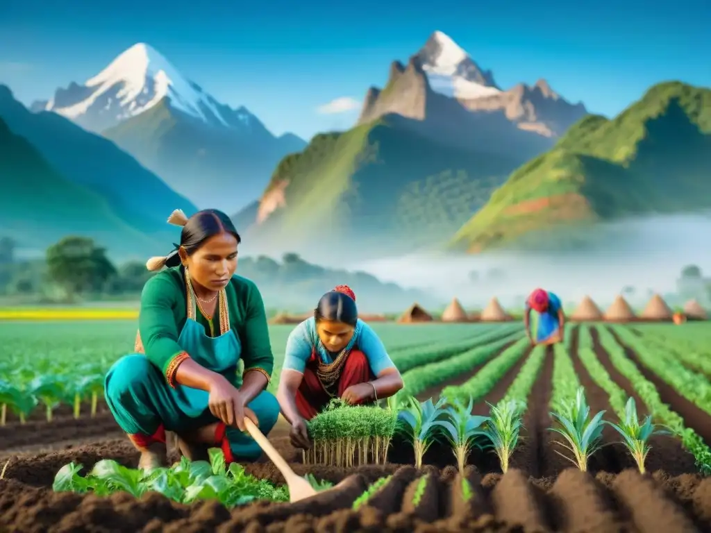 Un grupo de agricultores indígenas trabajando en armonía en un campo verde, enfocados en sembrar semillas