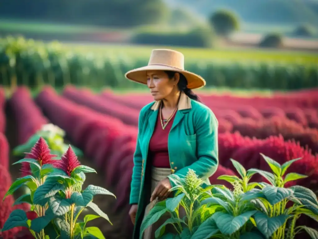 Grupo de agricultores indígenas en un campo de amaranto, utilizando técnicas ancestrales