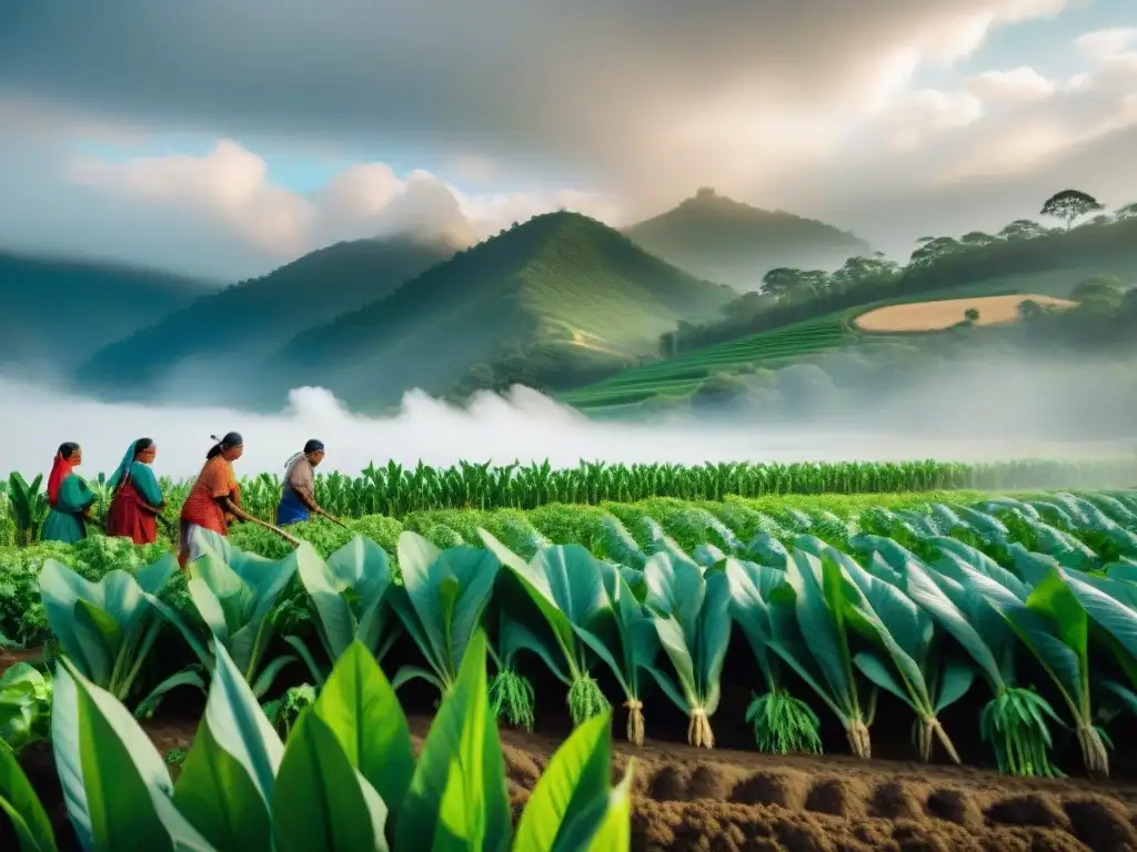 Grupo de agricultores indígenas en campo biodiverso usando prácticas agrícolas sostenibles