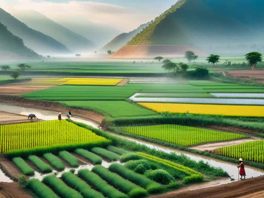 Grupo de agricultores indígenas en su campo, practicando Prácticas agrícolas sostenibles indígenas