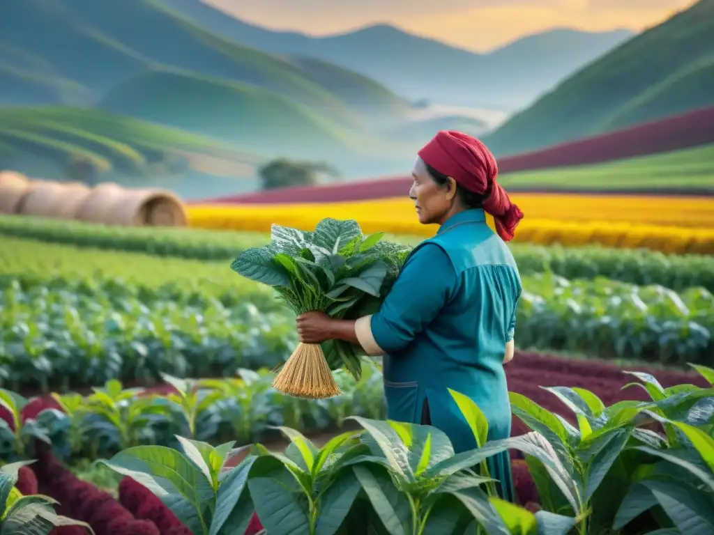 Grupo de agricultores indígenas cuidando campos de amaranto, destacando beneficios nutricionales del amaranto