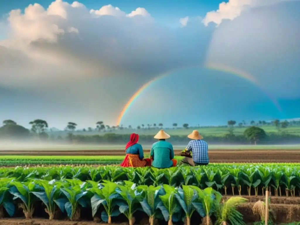 Grupo de agricultores indígenas compartiendo conocimientos en campo verde