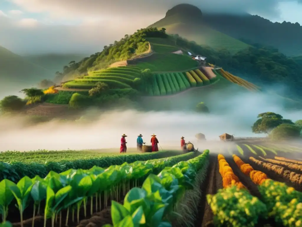 Grupo de agricultores indígenas contemporáneos cultivando en armonía con la naturaleza