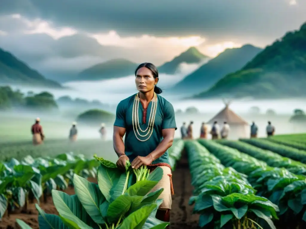 Un grupo de agricultores indígenas contemporáneos trabajando en armonía con la naturaleza, utilizando técnicas ancestrales