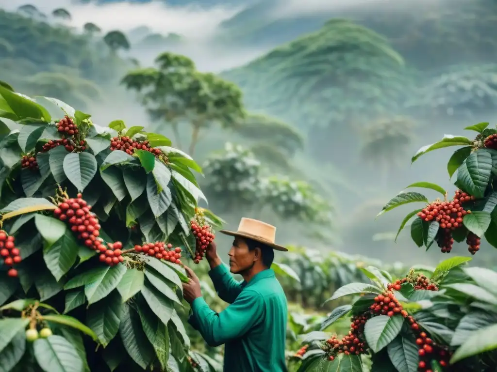 Un grupo de agricultores indígenas recolecta con cuidado cerezas de café maduro bajo la luz de la mañana entre los árboles