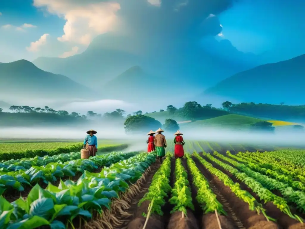 Grupo de agricultores indígenas inspeccionando cultivos en armonía con la naturaleza