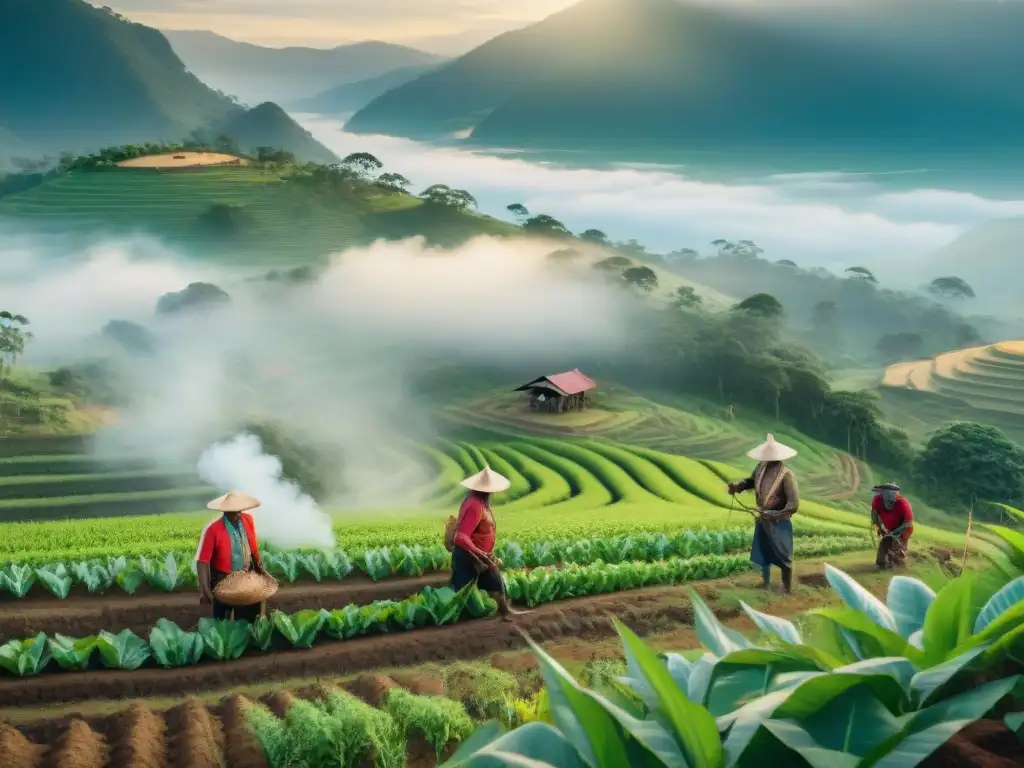 Grupo de agricultores indígenas inspeccionando cultivos con técnicas ancestrales en armonía con la naturaleza