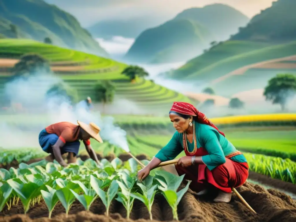 Grupo de agricultores indígenas plantando cultivos con técnicas sostenibles