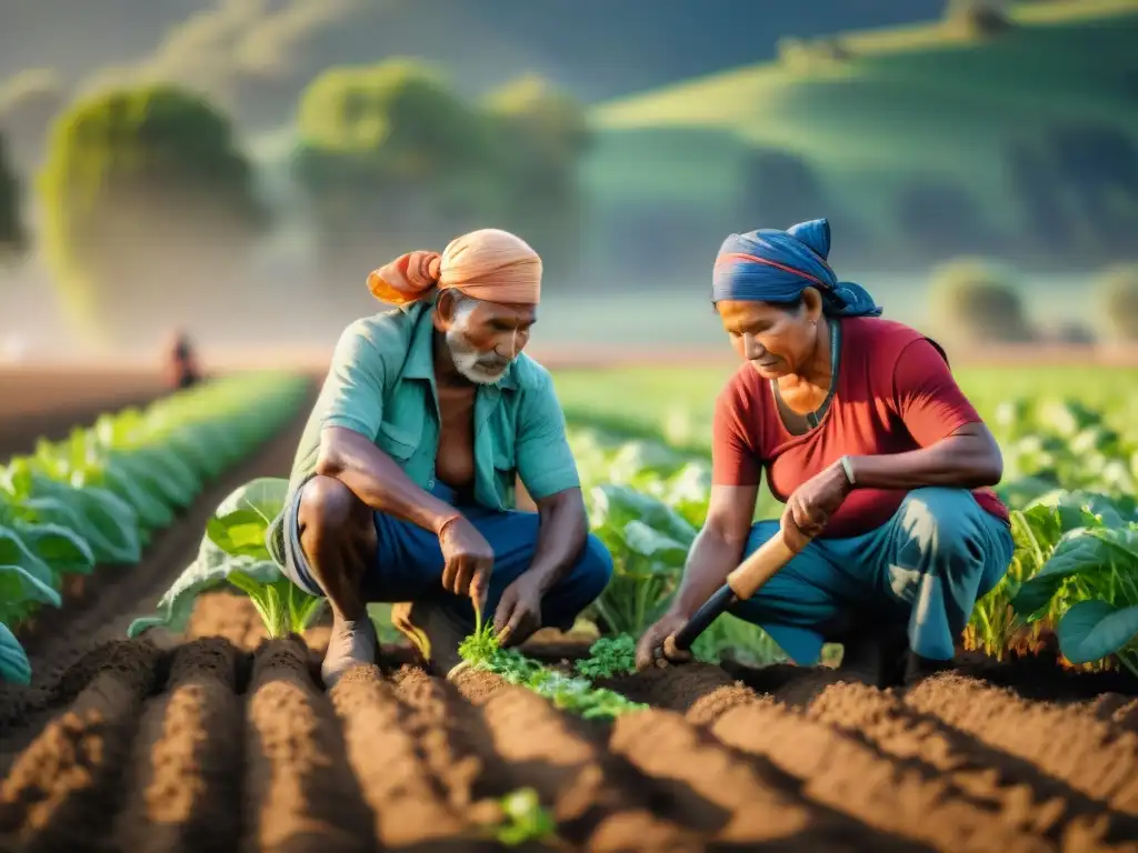 Grupo de agricultores indígenas trabajando juntos en campo fértil, conectados a la tierra y a sus prácticas ancestrales