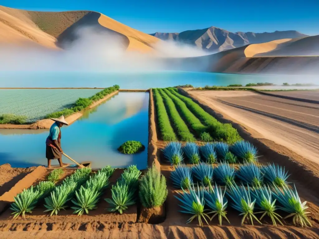 Grupo de agricultores indígenas trabajando juntos en paisaje árido, usando técnicas tradicionales contra desertificación