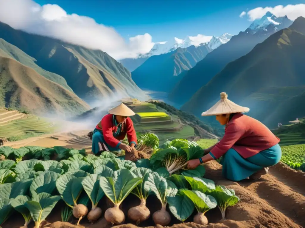 Un grupo de agricultores indígenas peruanos cosechando raíces de Maca en los Andes