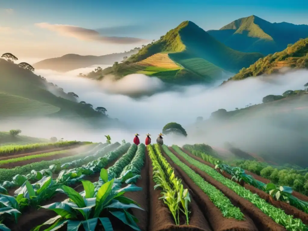 Grupo de agricultores indígenas en prácticas agrícolas sostenibles, cultivando variedad de plantas en armonía con la naturaleza