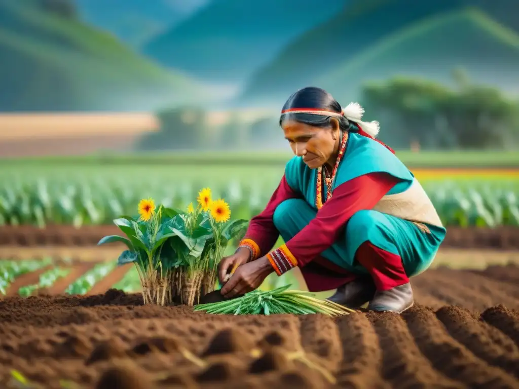 Grupo de agricultores indígenas plantando semillas nativas en un campo soleado, mostrando prácticas agrícolas indígenas seguridad