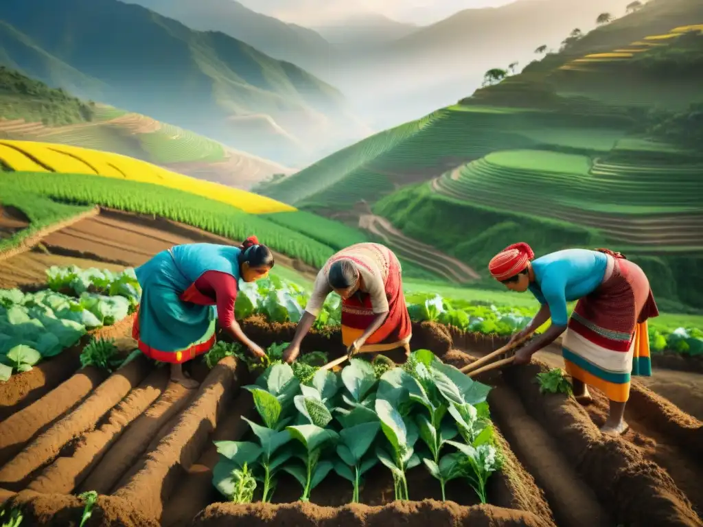 Grupo de agricultores indígenas en terrazas, sembrando cultivos resilientes al atardecer