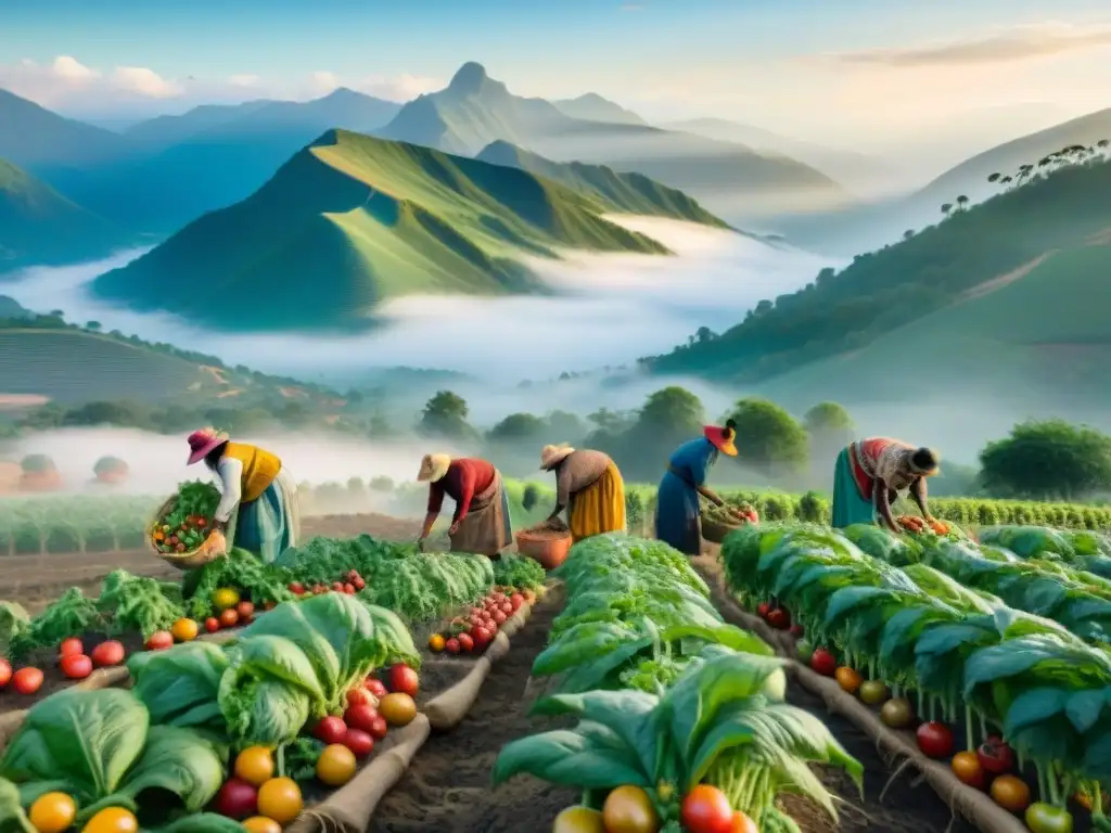 Grupo de agricultores indígenas cosechando tomates de colores en campo biodiverso