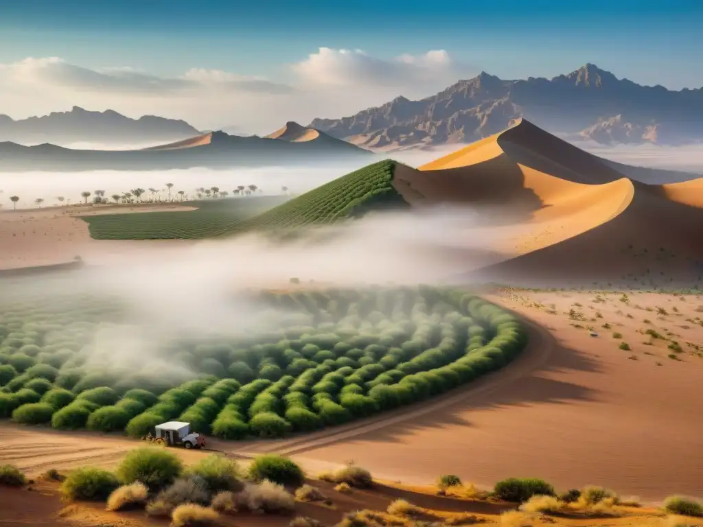 Grupo de agricultores colocando redes de niebla en desierto árido