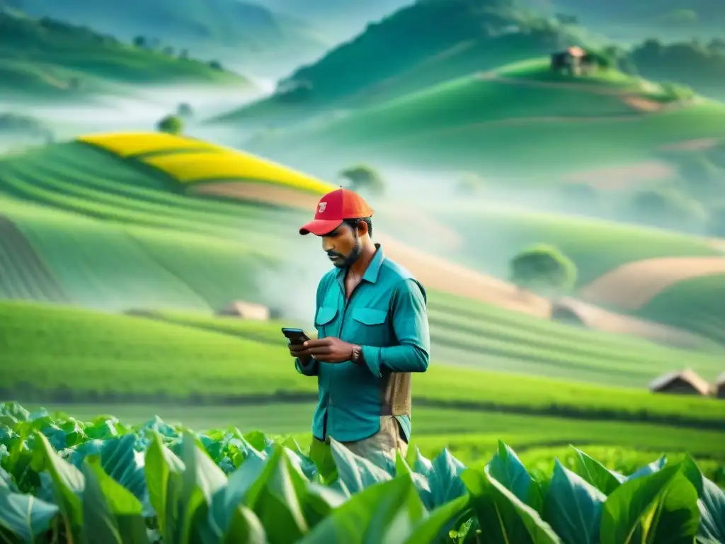 Un grupo de agricultores tradicionales trabajando en el campo con aplicaciones móviles