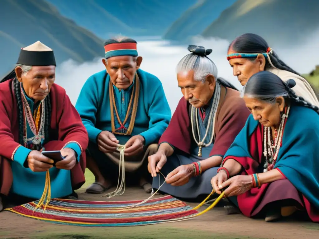 Grupo de ancianos andinos tejiendo con quipu, rodeados de tecnología y tradición: Innovaciones tecnológicas sabiduría andina