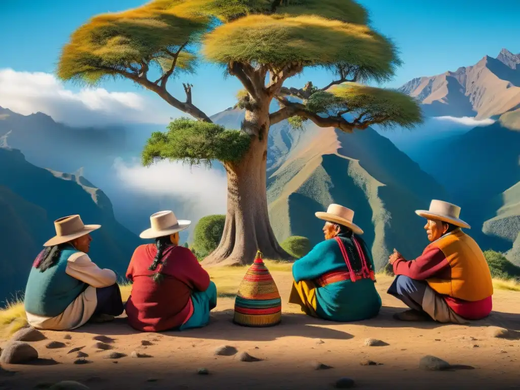 Un grupo de ancianos Quechua y Aymara en animada discusión bajo un árbol milenario en los Andes