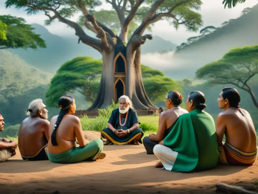 Grupo de ancianos indígenas bajo árbol ancestral, compartiendo sabiduría y enseñanzas indígenas sobre medio ambiente