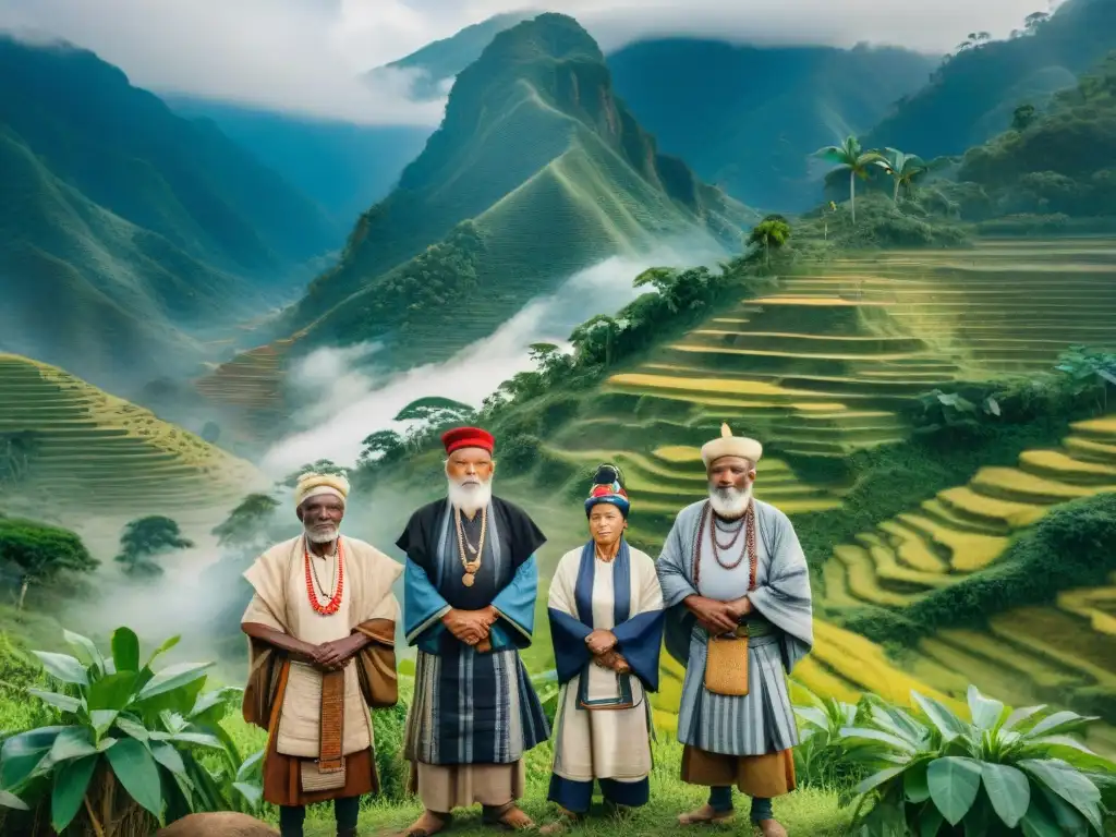 Grupo de ancianos Kogi en atuendo tradicional, frente a montaña colombiana, transmitiendo protección sitios sagrados comunidades indígenas