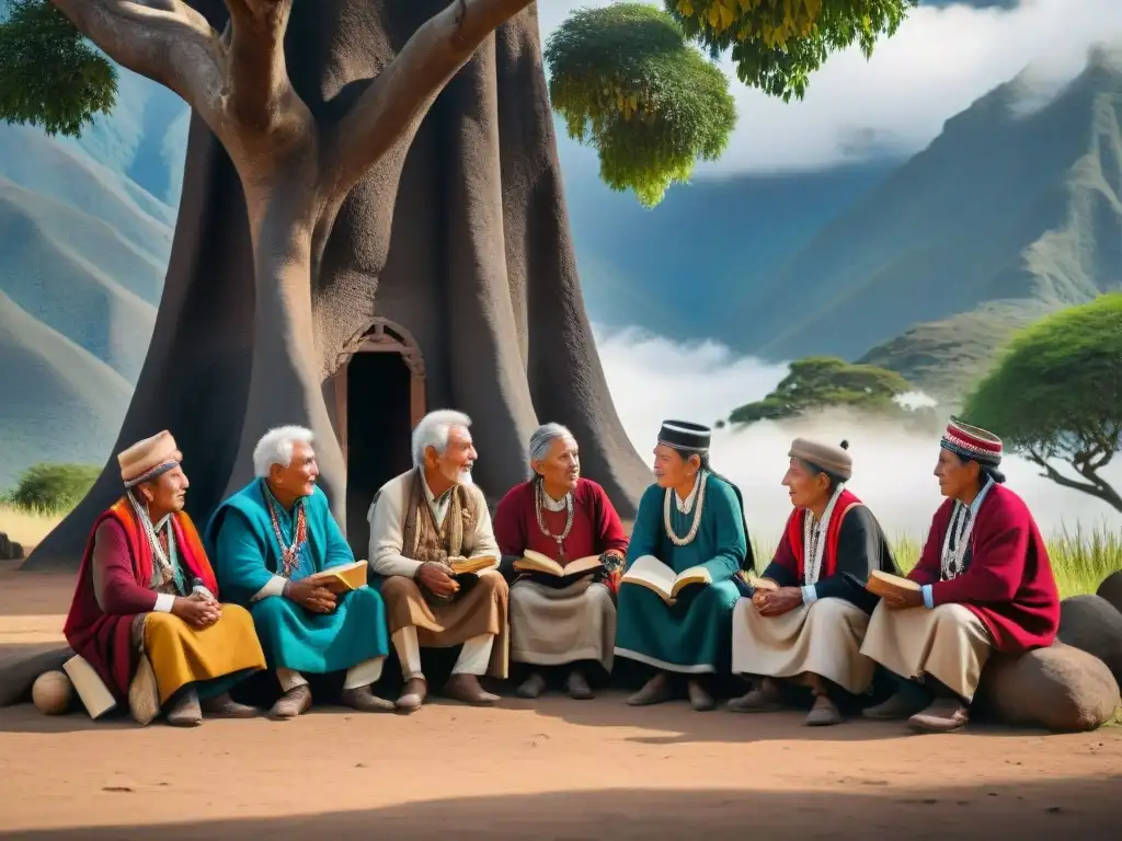 Un grupo de ancianos Jaqaru, vistiendo atuendos tradicionales, comparten sabiduría bajo un árbol ancestral, rodeados de libros y papeles desgastados