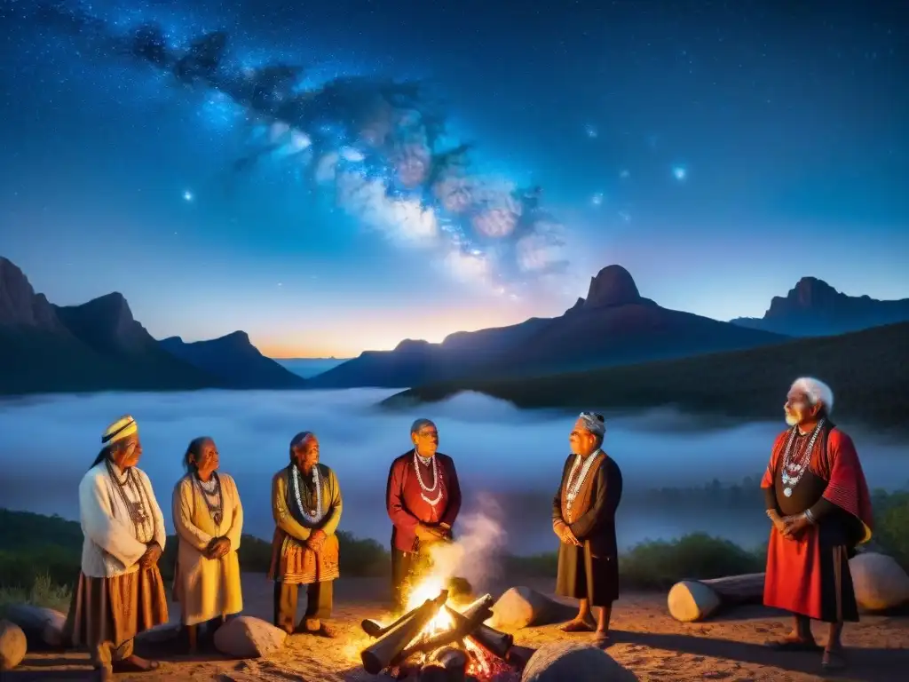 Un grupo de ancianos indígenas bajo un cielo estrellado, sus rostros iluminados por una fogata