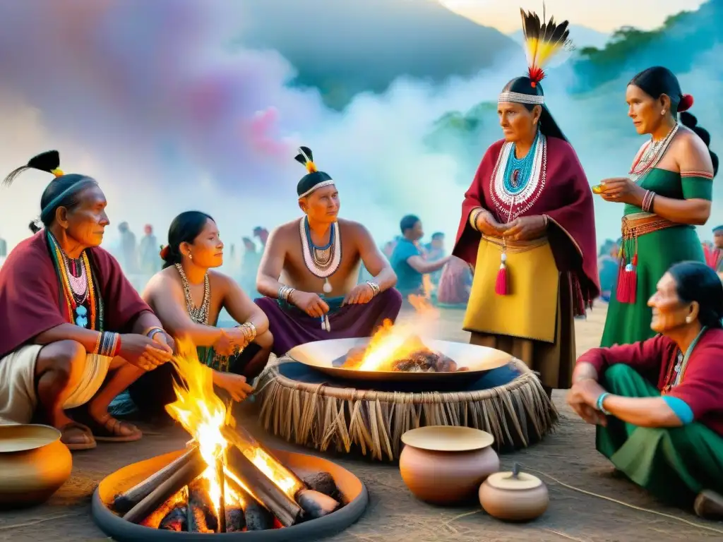 Grupo de ancianos en festival indígena, cocinando tradicionalmente sobre fuego abierto