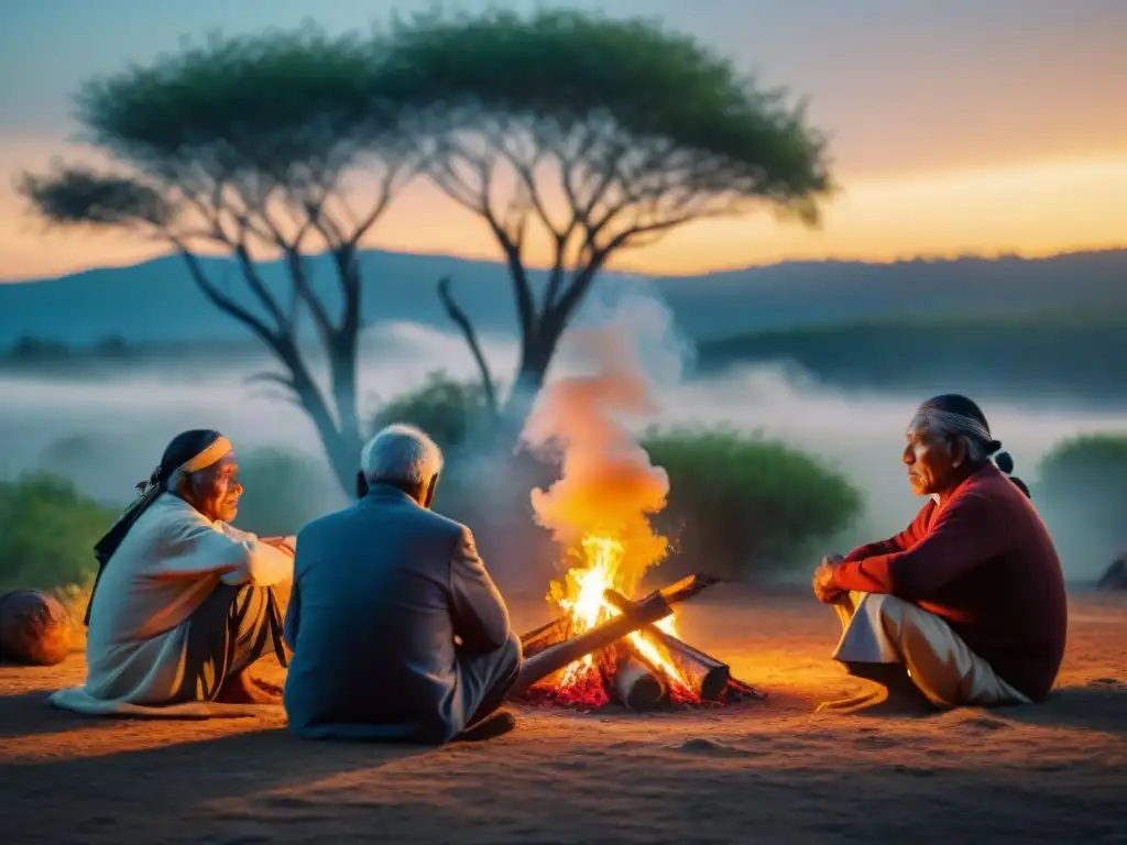 Un grupo de ancianos indígenas comparte sabiduría alrededor del fuego, en un escenario de conexión con la naturaleza