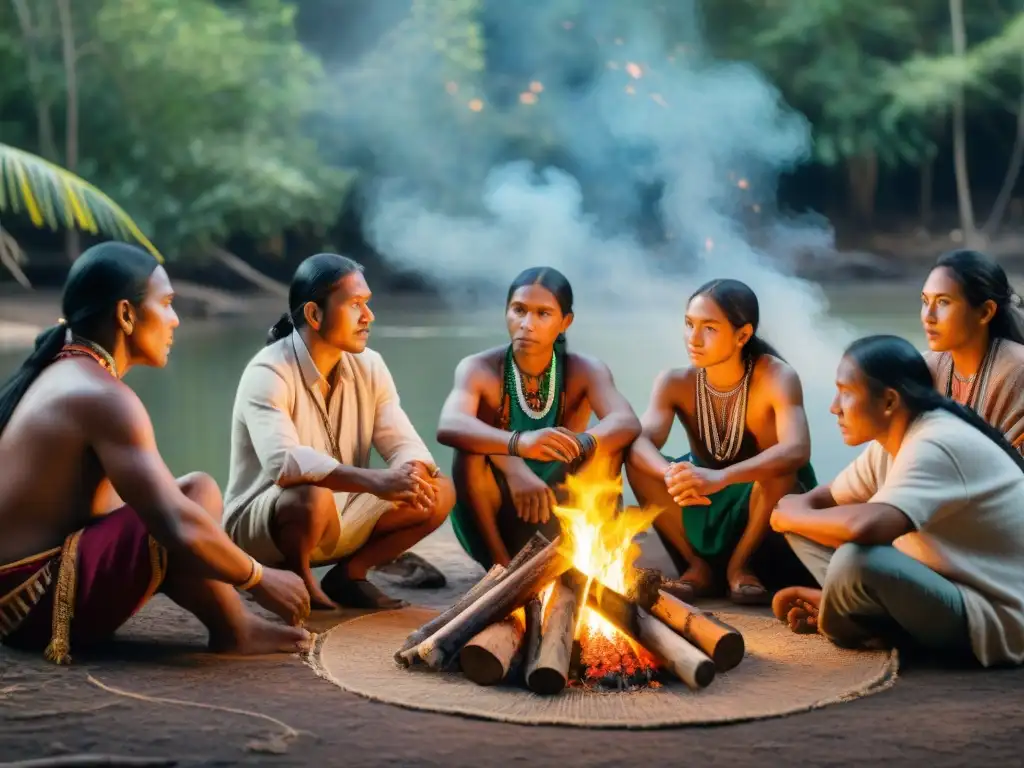 Un grupo de ancianos indígenas comparte sabiduría alrededor del fuego con jóvenes estudiantes en un bosque