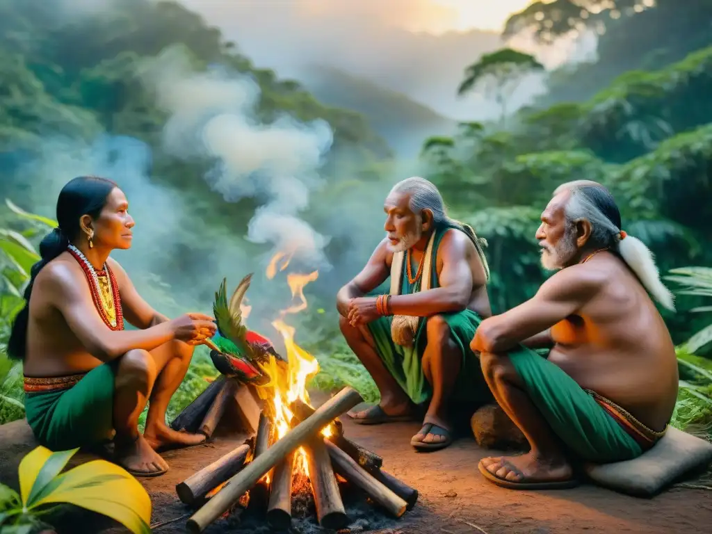 Un grupo de ancianos indígenas comparte sabiduría alrededor del fuego en la selva, con atuendos coloridos