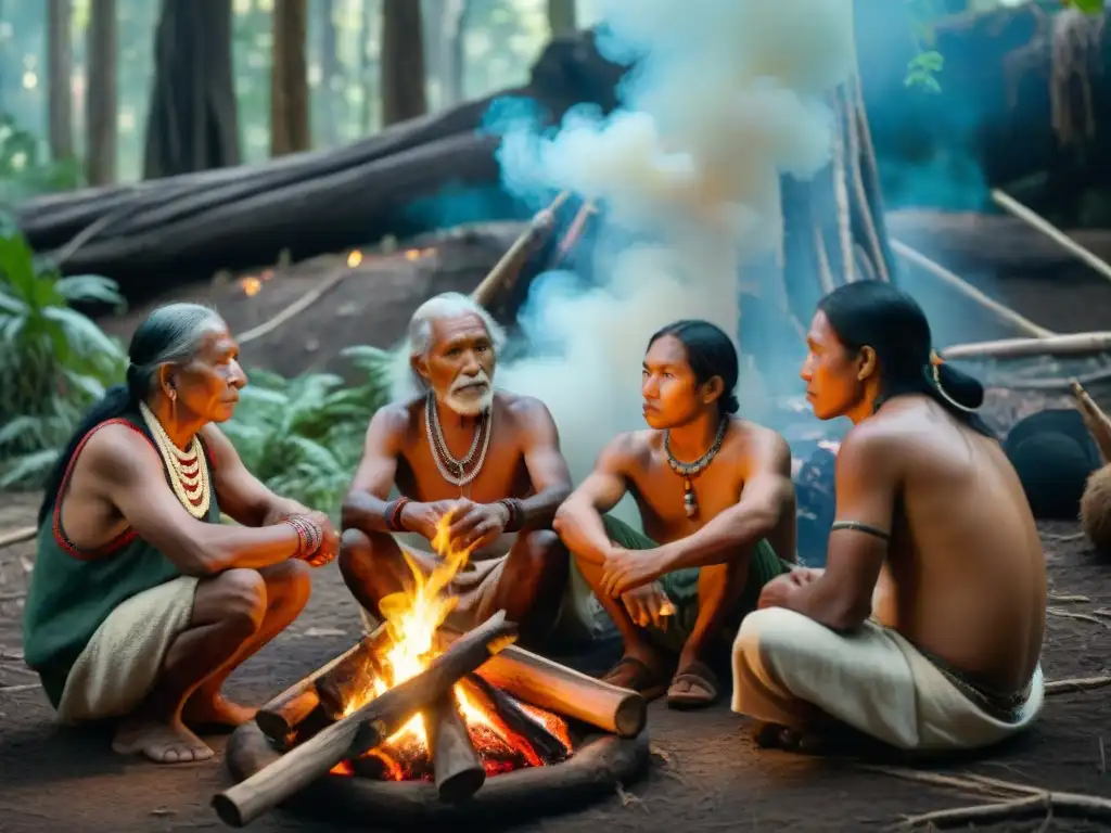 Un grupo de ancianos indígenas comparte historias alrededor del fuego en el bosque, enseñanzas que perduran