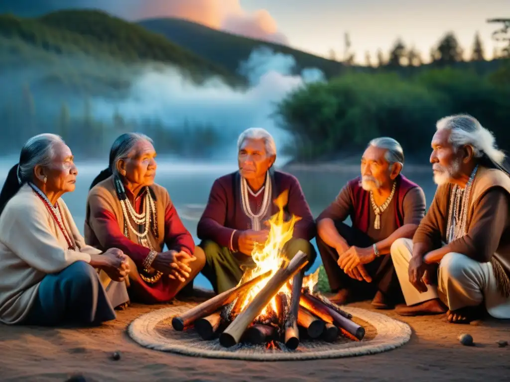 Un grupo de ancianos indígenas comparte historias alrededor del fuego, en un bosque estrellado