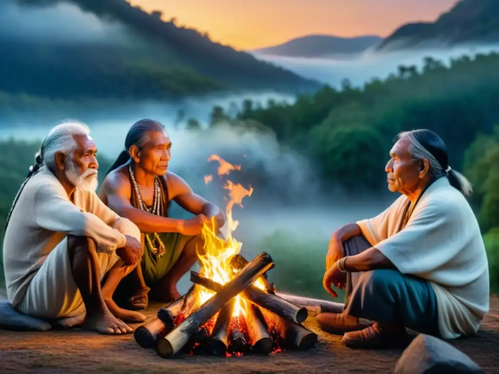 Un grupo de ancianos indígenas comparte historias junto al fuego en la selva, bajo la luz de la luna llena