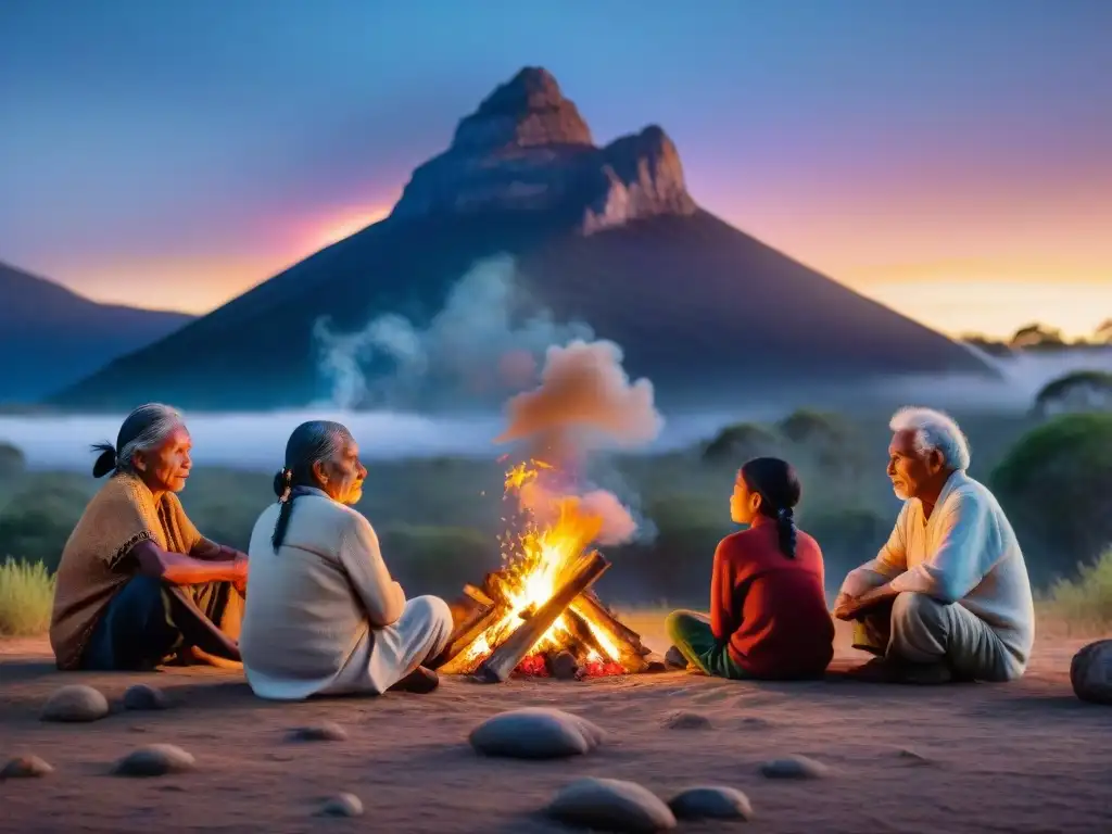 Un grupo de ancianos indígenas comparte historias junto a niños, en una escena nocturna mágica que refleja la tradición de la educación indígena